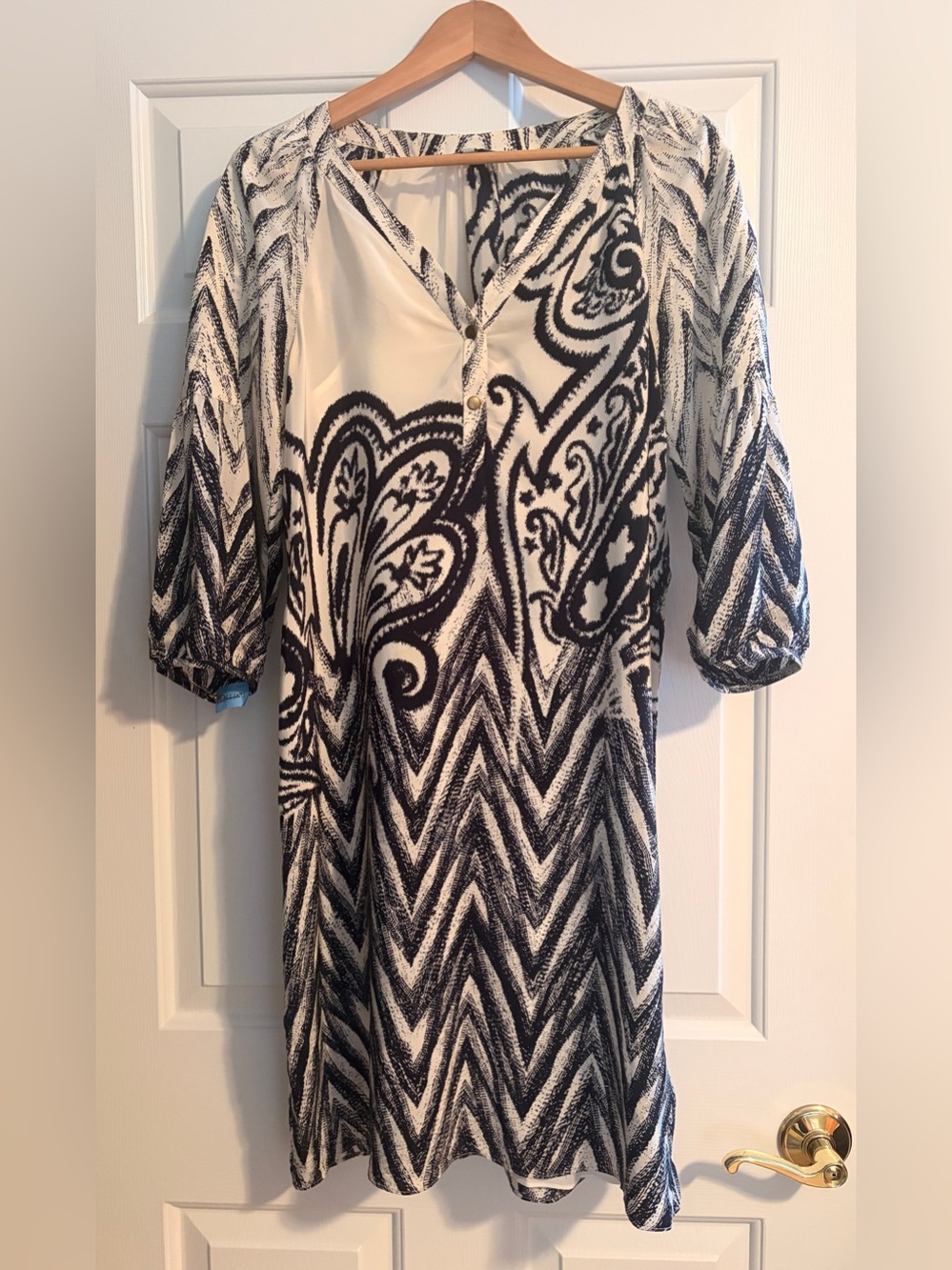 Tibi Black and White Patterned V-Neck Dress